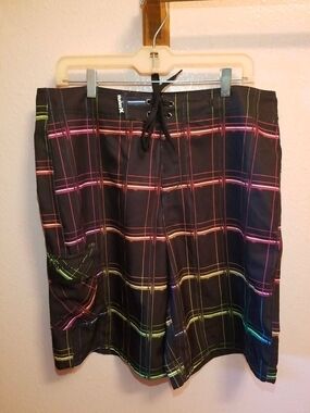 Hurley Black Board Shorts with Neon Plaid Stripe SIZE 34